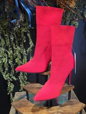 Brash Red Pointed Stiletto Sock Boots